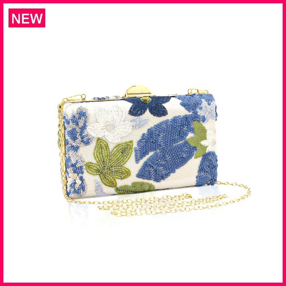 Embroidered Floral Sequin Clutch Purse with Detachable Chain for Evening Events
